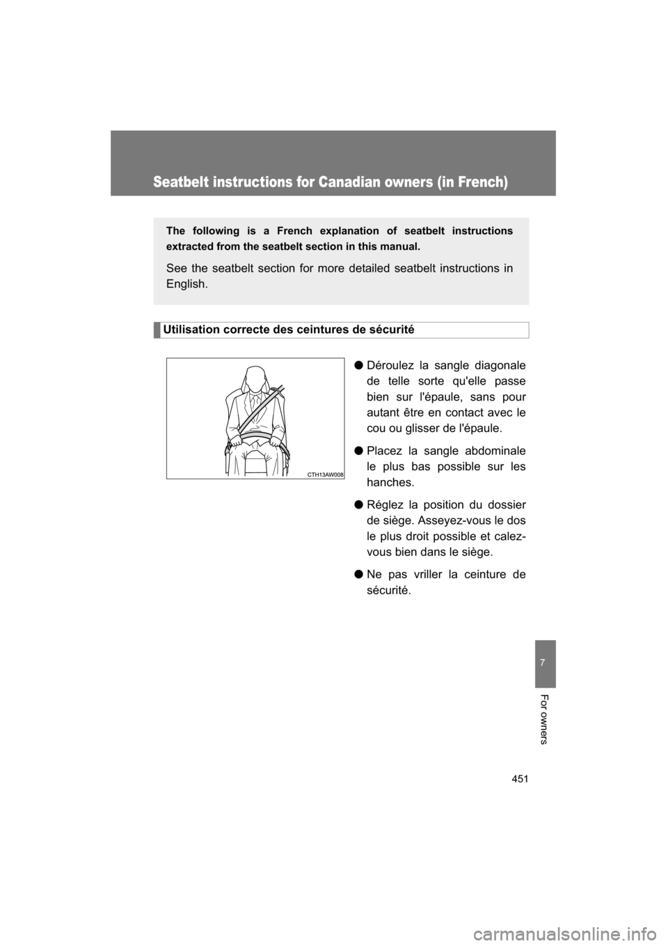 SUBARU BRZ 2015 1.G Owners Manual 451
7
For owners
Seatbelt instructions for Canadian owners (in French)
Utilisation correcte des ceintures de sécurité●Déroulez la sangle diagonale 
de telle sorte quelle passe
bien sur lépaule