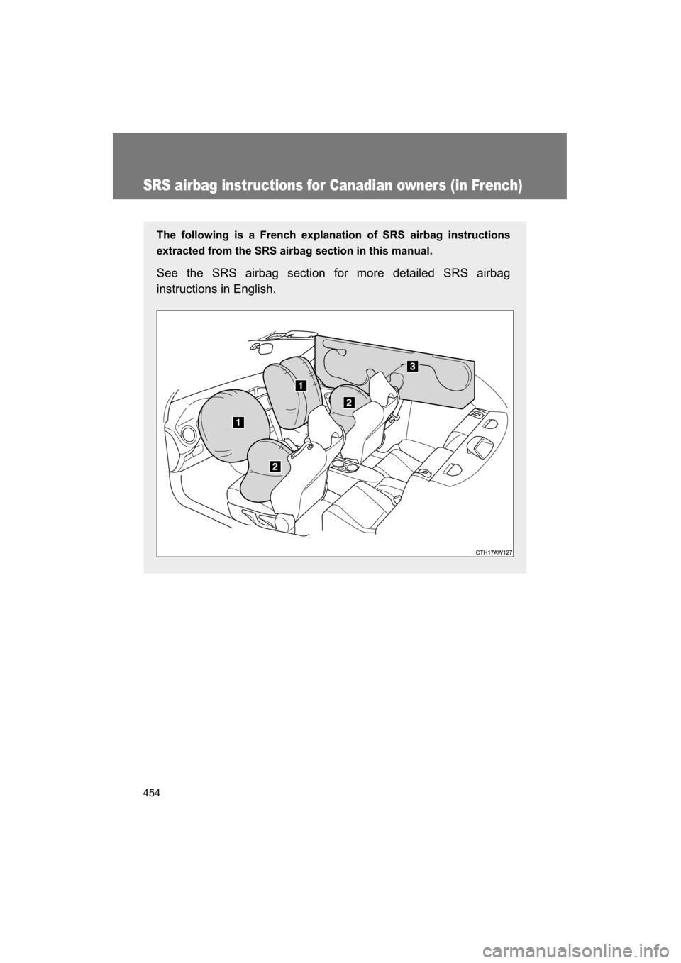 SUBARU BRZ 2015 1.G Owners Manual 454
SRS airbag instructions for Canadian owners (in French)
The following is a French explanation of SRS airbag instructions 
extracted from the SRS airbag section in this manual.
See the SRS airbag s