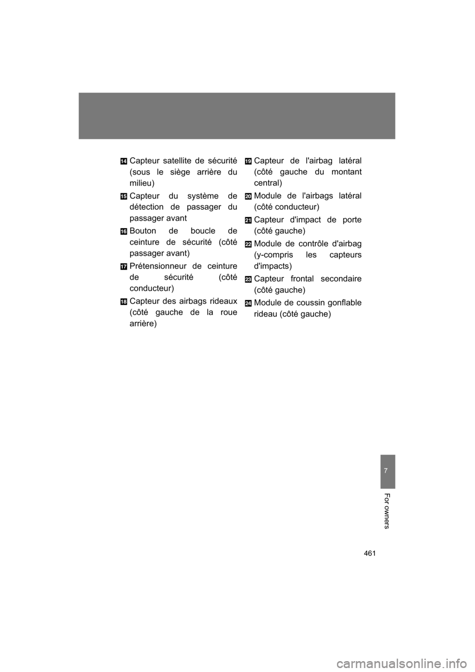 SUBARU BRZ 2015 1.G Owners Manual 461
7
For owners
Capteur satellite de sécurité 
(sous le siège arrière du 
milieu) 
Capteur du système de 
détection de passager du 
passager avant 
Bouton de boucle de 
ceinture de sécurité (