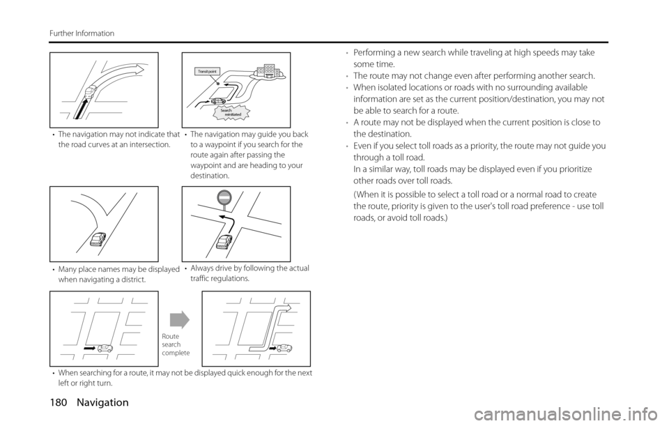 SUBARU BRZ 2016 1.G Navigation Manual 180 Navigation
Further Information
•Performing a new search while traveling at high speeds may take
some time.
•The route may not change even after performing another search.
•When isolated loc SUBARU BRZ 2016 1.G Navigation Manual 180 Navigation
Further Information
•Performing a new search while traveling at high speeds may take
some time.
•The route may not change even after performing another search.
•When isolated loc
