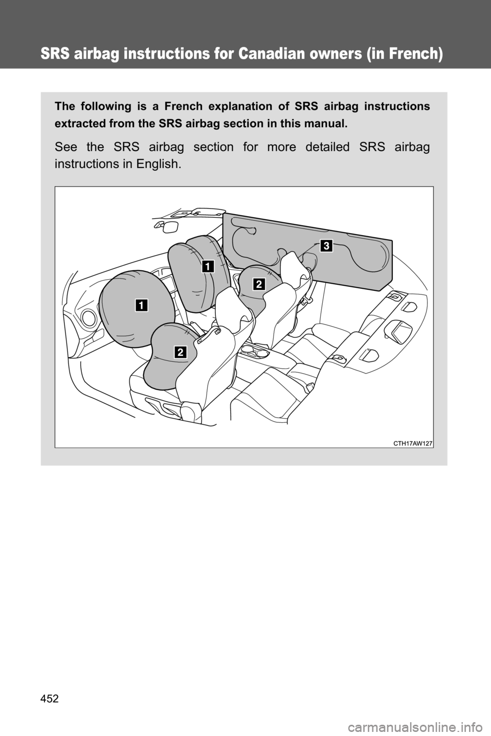 SUBARU BRZ 2016 1.G Owners Manual 452
SRS airbag instructions for Canadian owners (in French)
The following is a French explanation of SRS airbag instructions
extracted from the SRS airbag section in this manual.
See the SRS airbag se