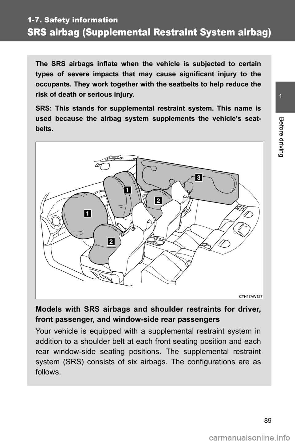 SUBARU BRZ 2016 1.G Owners Manual 89
1
1-7. Safety information
Before driving
SRS airbag (Supplemental Restraint System airbag)
The SRS airbags inflate when the vehicle is subjected to certain
types of severe impacts that may cause si