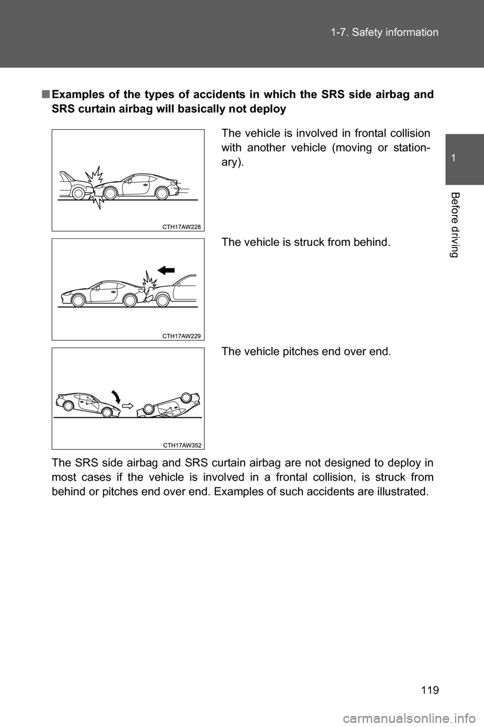 SUBARU BRZ 2017 1.G Owners Manual 119 1-7. Safety information
1
Before driving
■Examples of the types of accidents in which the SRS side airbag and
SRS curtain airbag will basically not deploy
The SRS side airbag and SRS curtain air