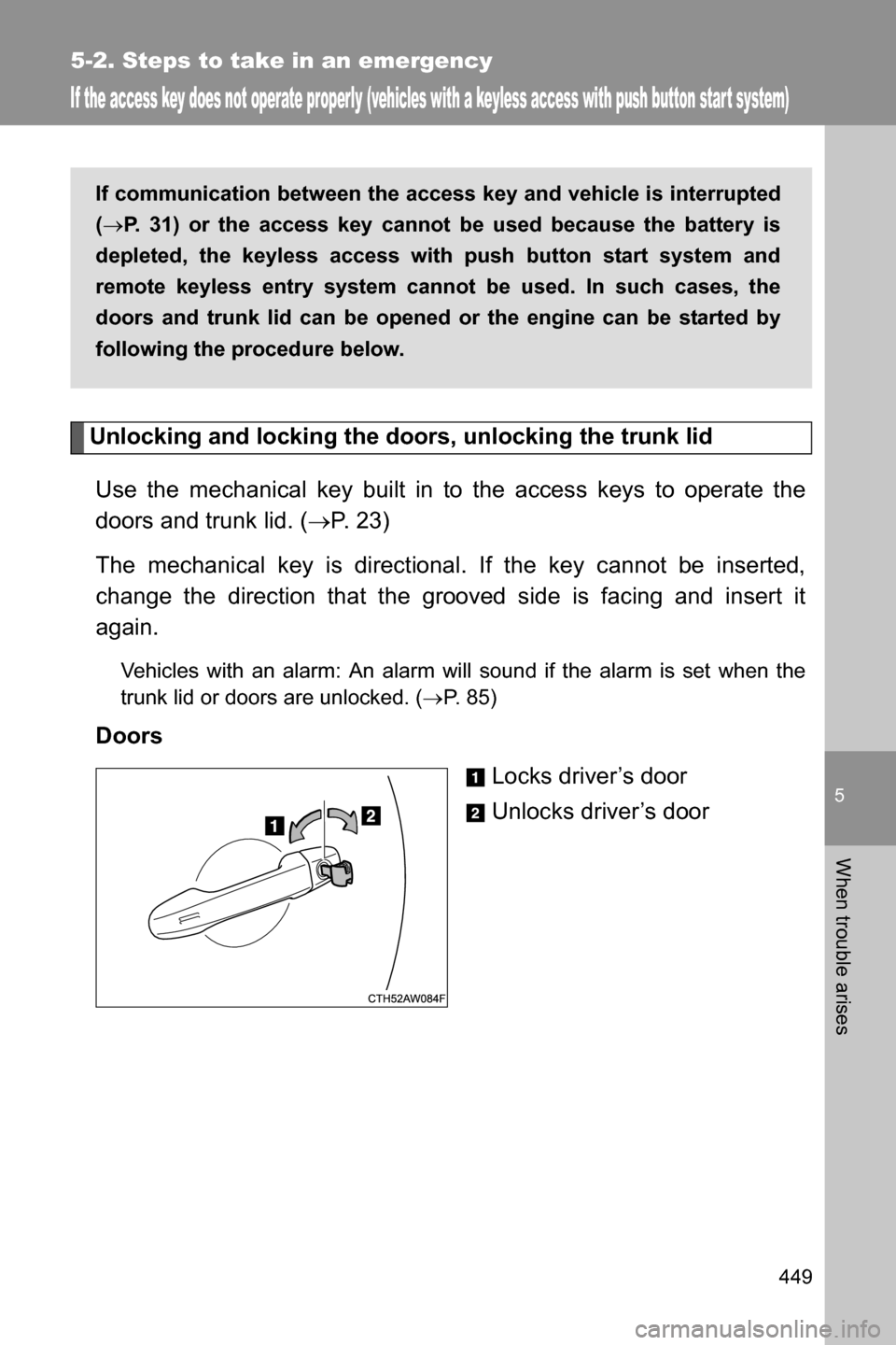 SUBARU BRZ 2017 1.G Owners Manual 5
When trouble arises
449
5-2. Steps to take in an emergency
If the access key does not operate properly (vehicles with a keyless access with push button star t system)
Unlocking and locking the doors