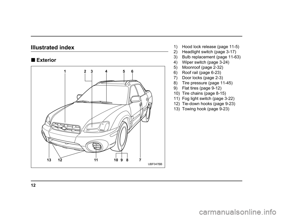 SUBARU BAJA 2004 1.G Owners Manual ��
����������������� ���������
13 12 11 10 9 8 12
3 5 6
4
7
UBF047BB
�� ����������������������������� 
�� ���������������������������� 
�� �����������������������������
�� ������������������������ 
��