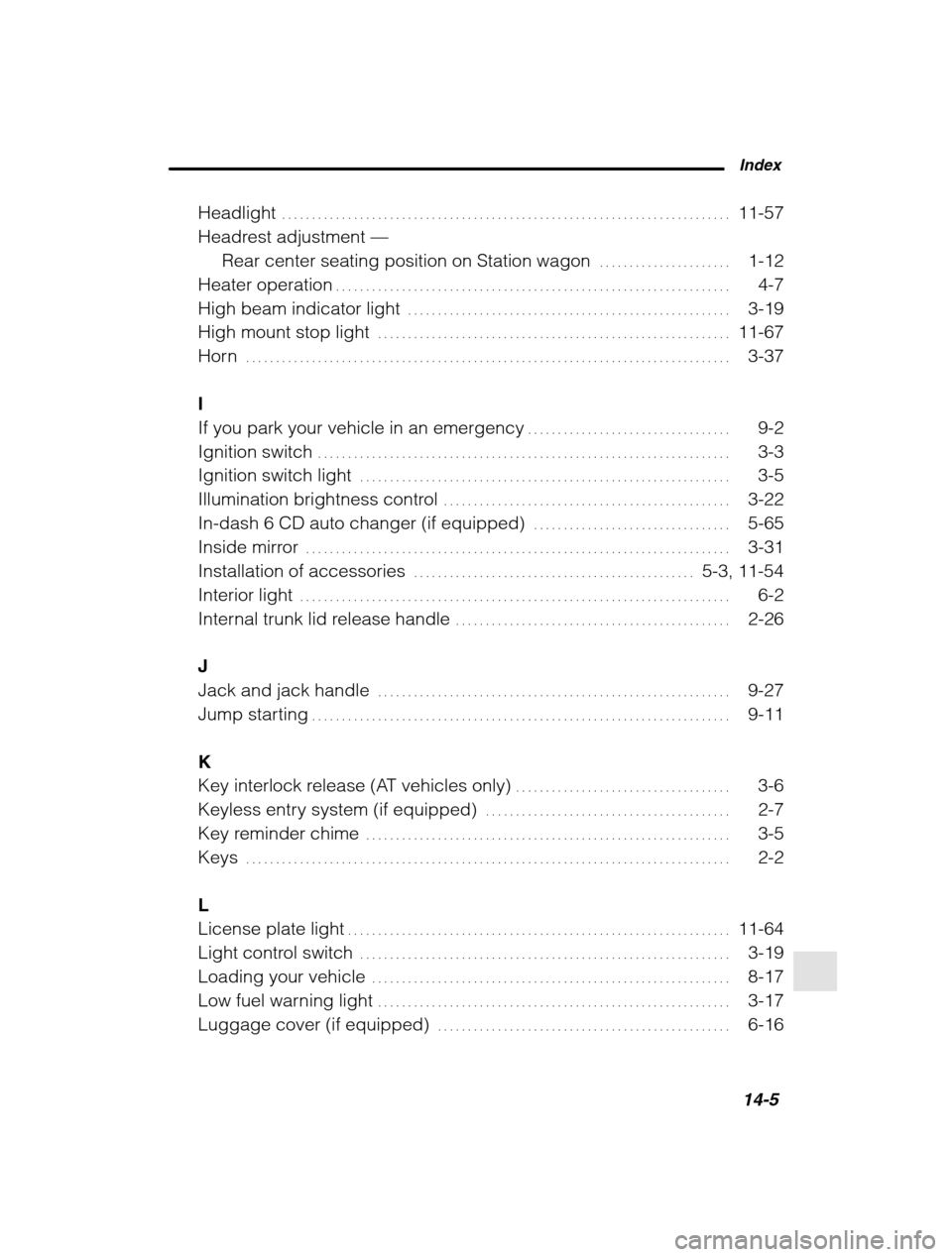 SUBARU FORESTER 2002 SG / 2.G Owners Manual  Index14-5
Headlight 11-57
. . . . . . . . . . . . . . . . . . . . . . . . . . . . . . . . . . . . . . . . . . . . . . . . . . . . . . . . . . . . . . . .  . . . . . . . . . . . 
Headrest adjustment  