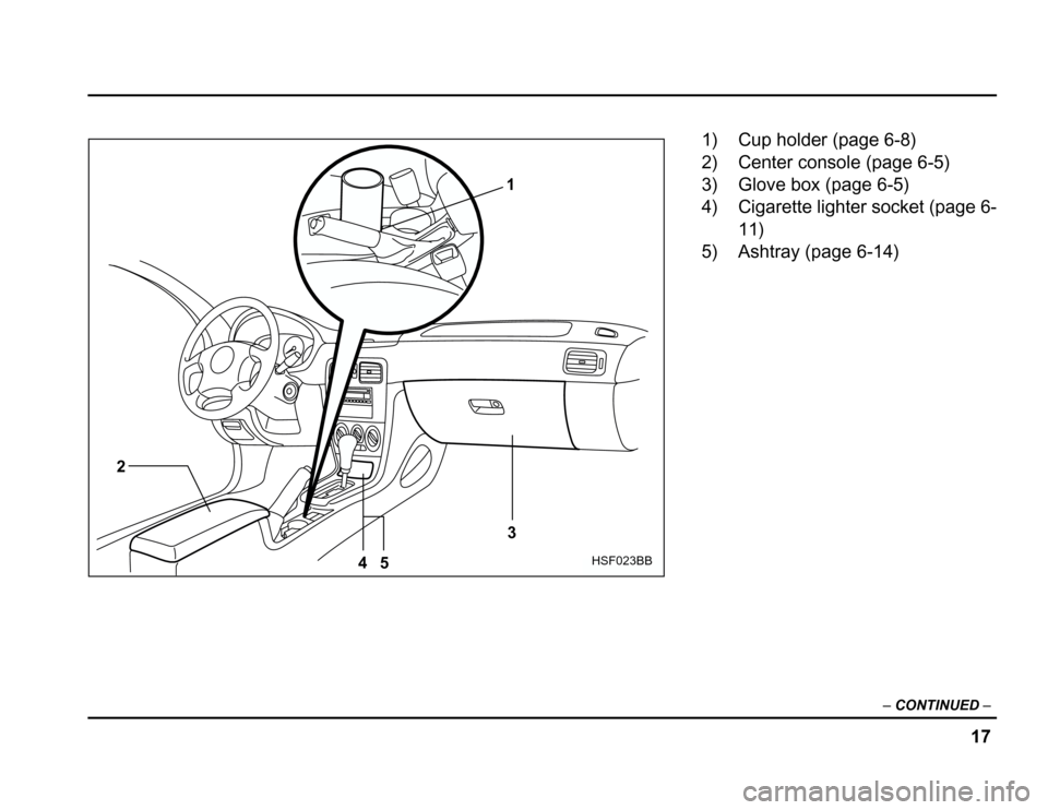 SUBARU FORESTER 2003 SG / 2.G Owners Manual 17
–
CONTINUED –
1
2 3
45
HSF023BB
1) Cup holder (page 6-8) 
2) Center console (page 6-5) 
3) Glove box (page 6-5) 
4) Cigarette lighter socket (page 6- 11)
5) Ashtray (page 6-14) 