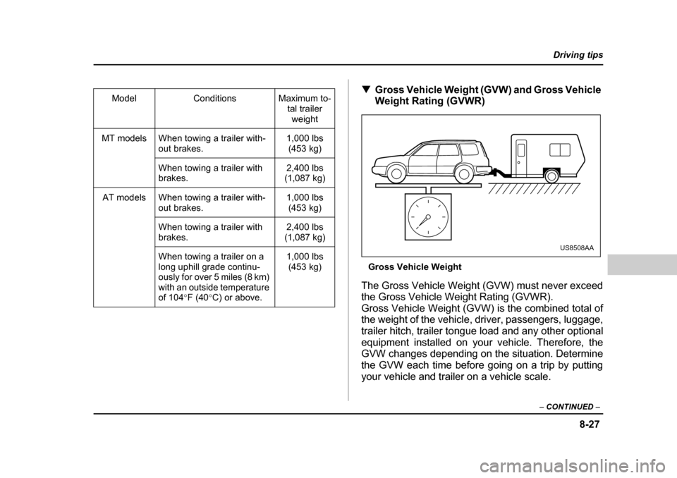 SUBARU FORESTER 2005 SG / 2.G Owners Manual 8-27
Driving tips
–  CONTINUED  –
�TGross Vehicle Weight (GVW) and Gross Vehicle  
Weight Rating (GVWR)
Gross Vehicle Weight
The Gross Vehicle Weight (GVW) must never exceed
the Gross Vehicle Weig