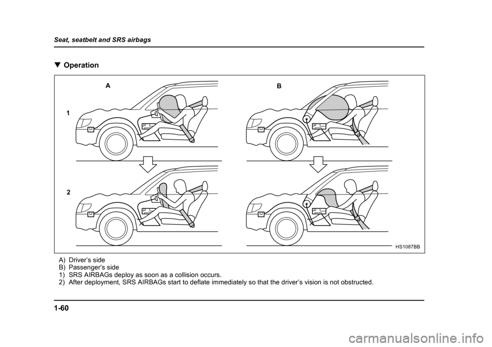 SUBARU FORESTER 2005 SG / 2.G Owners Manual 1-60
Seat, seatbelt and SRS airbags �T
Operation
A) Driver’s side 
B) Passenger’s side
1) SRS AIRBAGs deploy as soon as a collision occurs.
2) After deployment, SRS AIRBAGs start to deflate immedi