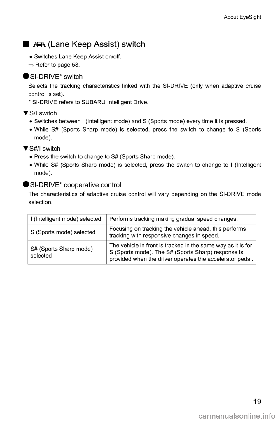 SUBARU FORESTER 2017 SJ / 4.G Driving Assist Manual About EyeSight
19
■(Lane Keep Assist) switch
�xSwitches Lane Keep Assist on/off.
�Ÿ Refer to page 58.
●SI-DRIVE* switch
Selects the tracking characteristics linked with the SI-DRIVE (only when ad