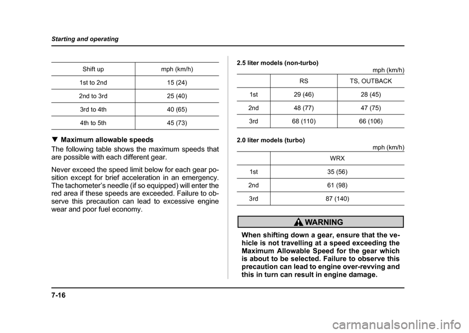 SUBARU IMPREZA 2004 2.G Owners Manual 7-16
Starting and operating
!
Maximum allowable speeds
The following table shows the maximum speeds that 
are possible with each different gear. 
Never exceed the speed limit below for each gear po- 
