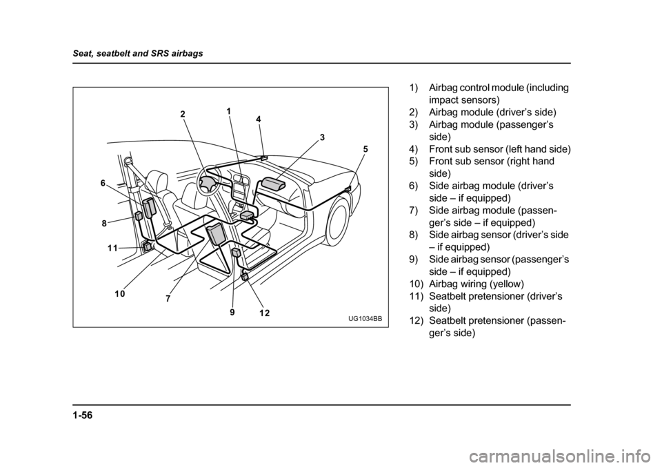 SUBARU IMPREZA 2005 2.G Owners Manual 1-56
Seat, seatbelt and SRS airbags
2
1
4
35
12
9
7
10
11
8
6
UG1034BB
1) Airbag control module (including 
impact sensors)
2) Airbag module (driver’s side) 
3) Airbag module (passenger’s 
side)
4