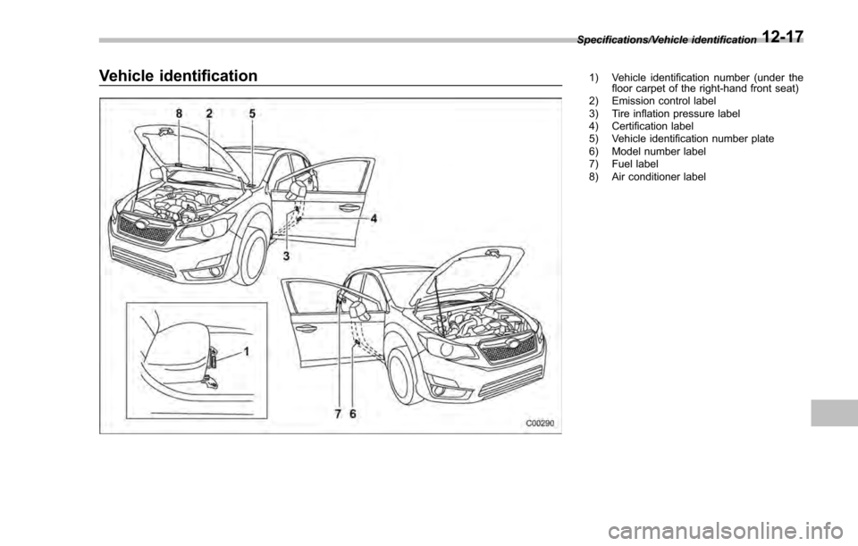SUBARU IMPREZA 2016 5.G Owners Manual Vehicle identification1) Vehicle identification number (under thefloor carpet of the right-hand front seat)
2) Emission control label
3) Tire inflation pressure label
4) Certification label
5) Vehicle