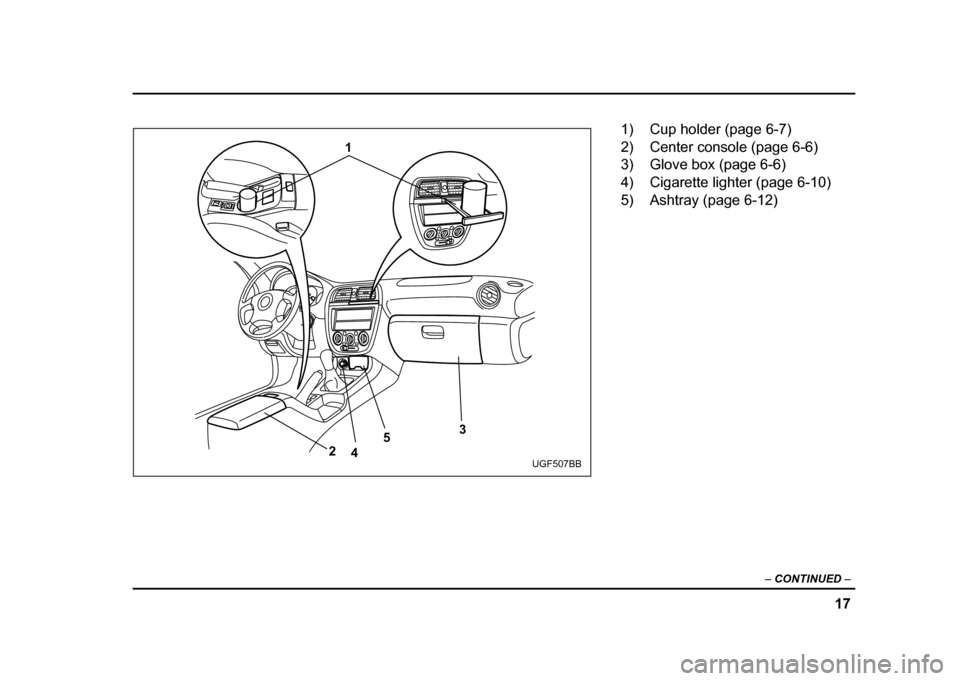 SUBARU IMPREZA WRX 2004 2.G Owners Manual 17
–
 CONTINUED  –
3
2 5
4
1
UGF507BB
1) Cup holder (page 6-7) 
2) Center console (page 6-6)
3) Glove box (page 6-6) 
4) Cigarette lighter (page 6-10) 
5) Ashtray (page 6-12) 