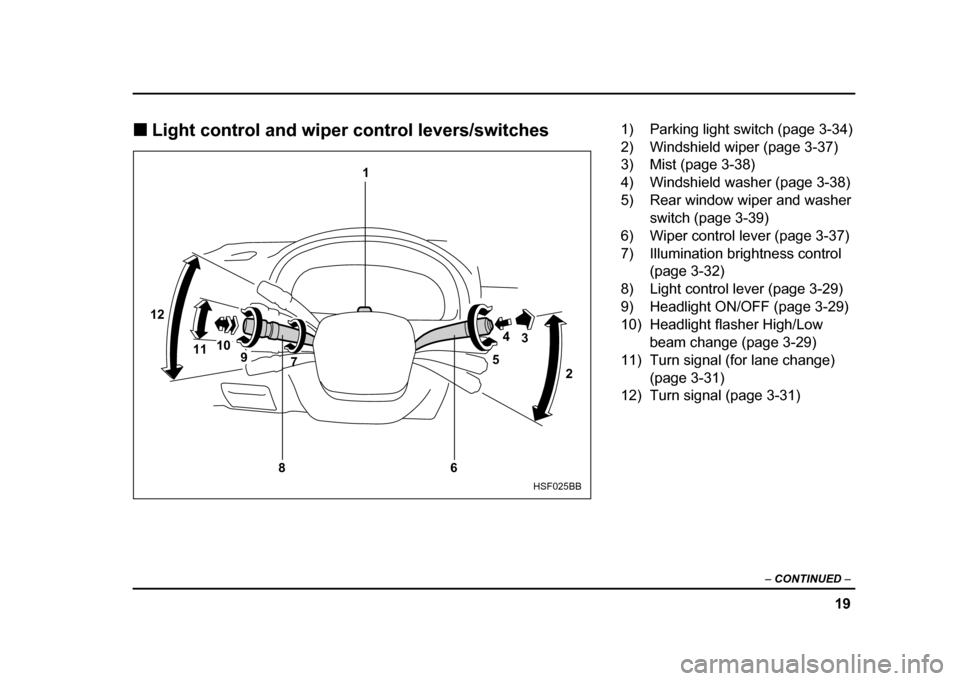 SUBARU IMPREZA WRX 2004 2.G Owners Manual 19
–
 CONTINUED  –
!Light control and wiper control levers/switches
2
3
4
5
6
7
8
9
10
11
12 1
HSF025BB
1) Parking light switch (page 3-34) 
2) Windshield wiper (page 3-37)
3) Mist (page 3-38) 
4)