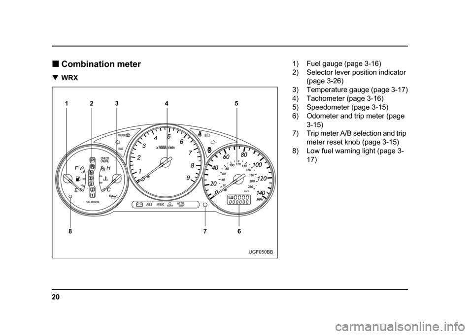 SUBARU IMPREZA WRX 2004 2.G Owners Manual 20
!
Combination meter
! WRX
1
86 7
23 5
4
UGF050BB
1) Fuel gauge (page 3-16) 
2) Selector lever position indicator 
(page 3-26)
3) Temperature gauge (page 3-17)
4) Tachometer (page 3-16)
5) Speedomet