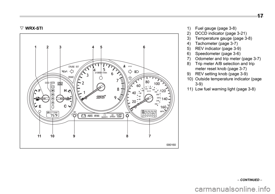 SUBARU IMPREZA WRX 2006 2.G Owners Manual 17
 CONTINUED  
WRX-STI
000160
km/h
AB
11 10 9 8 7 6
5
4
3
2
1
1) Fuel gauge (page 3-8) 
2) DCCD indicator (page 3-21)
3) Temperature gauge (page 3-8) 
4) Tachometer (page 3-7) 
5) REV indicator (