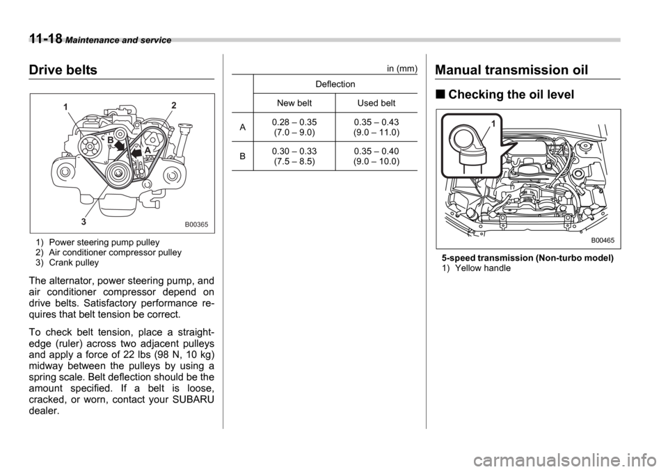 SUBARU IMPREZA WRX 2006 2.G Owners Manual 11-18 Maintenance and service
Drive belts
1) Power steering pump pulley 
2) Air conditioner compressor pulley
3) Crank pulley
The alternator, power steering pump, and 
air  conditioner  compressor  de