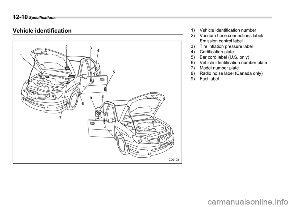 SUBARU IMPREZA WRX 2006 2.G Owners Manual 12-10 Specifications
Vehicle identification
1 2
3
4
5
6
7 9
8
C00108
1) Vehicle identification number 
2) Vacuum hose connections label/
Emission control label
3) Tire inflation pressure label
4) Cert
