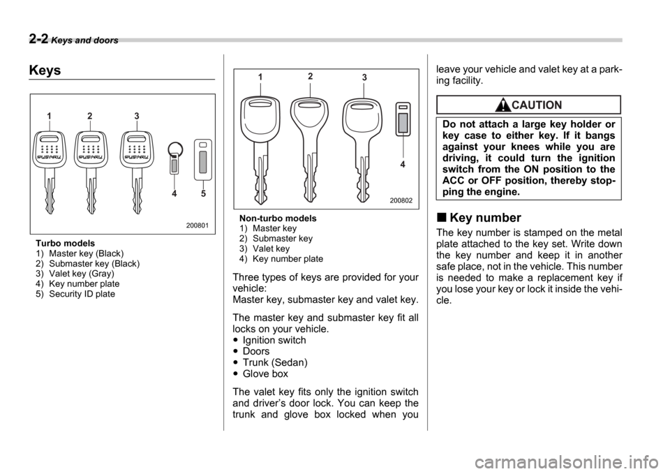 SUBARU IMPREZA WRX 2006 2.G Owners Manual 2-2 Keys and doors
Keys and doorsKeys
Turbo models
1) Master key (Black)
2) Submaster key (Black)
3) Valet key (Gray)
4) Key number plate
5) Security ID plate Non-turbo models
1) Master key
2) Su SUBARU IMPREZA WRX 2006 2.G Owners Manual 2-2 Keys and doors
Keys and doorsKeys
Turbo models
1) Master key (Black)
2) Submaster key (Black)
3) Valet key (Gray)
4) Key number plate
5) Security ID plate Non-turbo models
1) Master key
2) Su