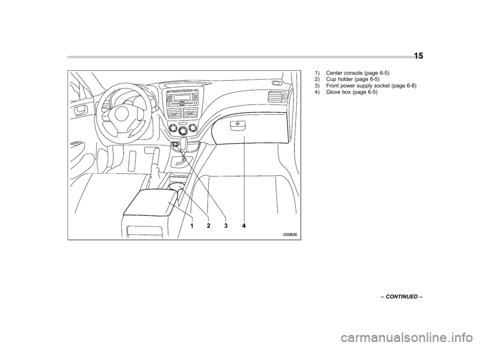 SUBARU IMPREZA WRX 2013 4.G Owners Manual 1) Center console (page 6-5) 
2) Cup holder (page 6-5) 
3) Front power supply socket (page 6-8) 
4) Glove box (page 6-5)15
– CONTINUED –  
