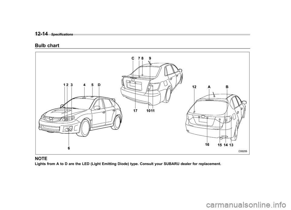 SUBARU IMPREZA WRX 2013 4.G Owners Manual 12-14Specifications
Bulb chart
NOTE 
Lights from A to D are the LED (Light Emitting Diode) type. Consult your SUBARU dealer for replacement.  