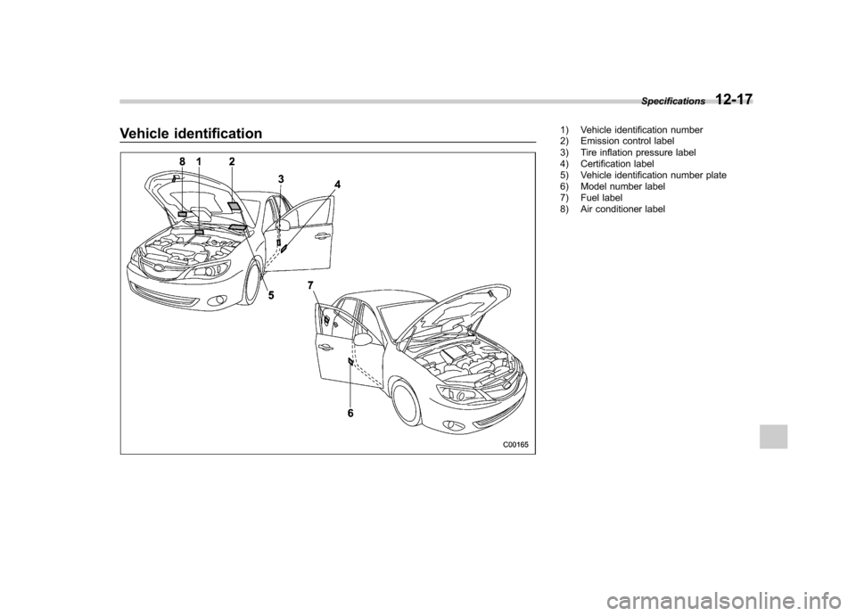 SUBARU IMPREZA WRX 2013 4.G Owners Manual Vehicle identification1) Vehicle identification number 
2) Emission control label 
3) Tire inflation pressure label 
4) Certification label 
5) Vehicle identification number plate
6) Model number labe