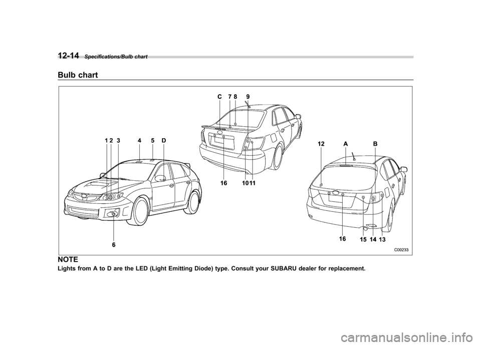 SUBARU IMPREZA WRX 2014 4.G Owners Manual 12-14Specifications/Bulb chart
Bulb chart
NOTE 
Lights from A to D are the LED (Light Emitting Diode) type. Consult your SUBARU dealer for replacement.  