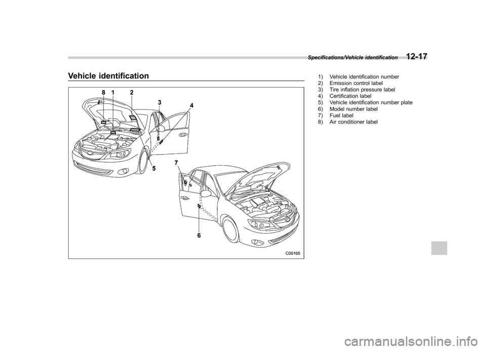 SUBARU IMPREZA WRX 2014 4.G Owners Manual Vehicle identification1) Vehicle identification number 
2) Emission control label 
3) Tire inflation pressure label 
4) Certification label 
5) Vehicle identification number plate 
6) Model number lab