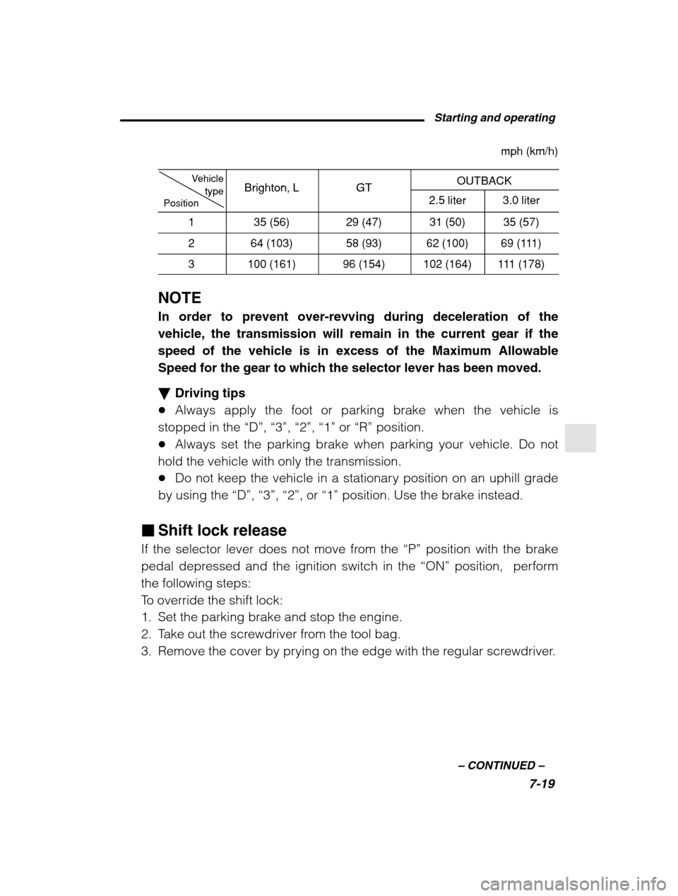 SUBARU LEGACY 2002 3.G Owners Manual Starting and operating7-19
–
 CONTINUED  –
mph (km/h)
Vehicle
typeBrighton LGTOUTBACK
PositiontypeBrighton, LGT2.5 liter3.0 liter
135 (56)29 (47)31 (50)35 (57)
264 (103)58 (93)62 (100)69 (111)
310