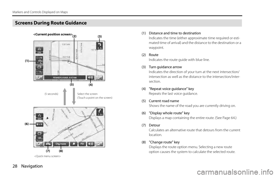 SUBARU LEGACY 2012 5.G Navigation Manual 28 Navigation
Markers and Controls Displayed on Maps
Screens During Route Guidance
(1) Distance and time to destination
Indicates the time (either approximate time required or esti-
mated time of arri