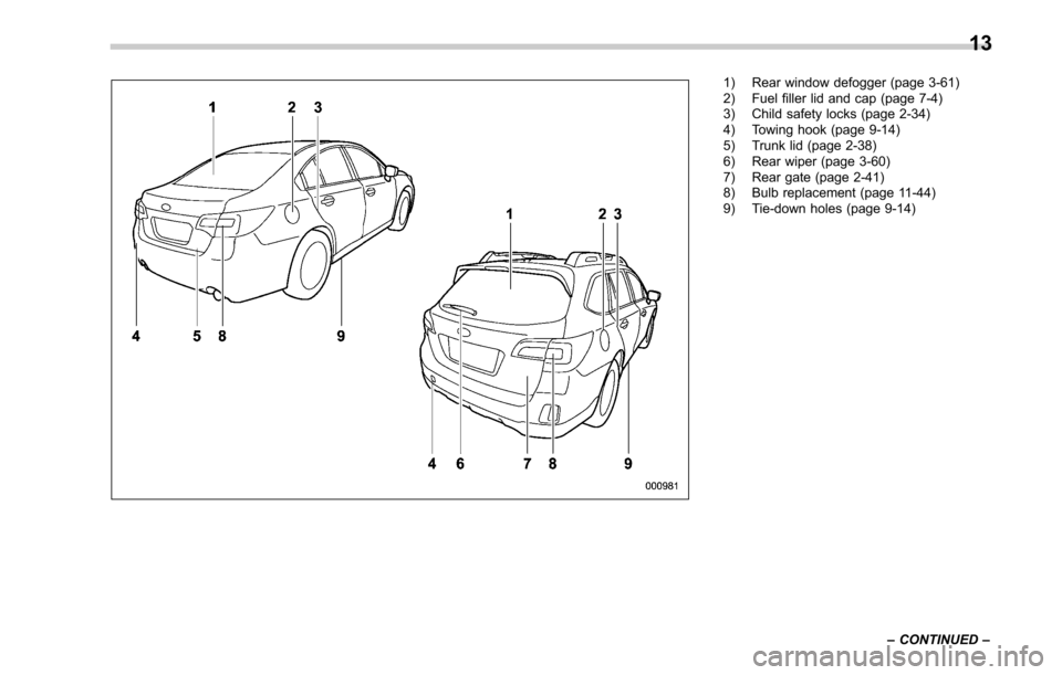 SUBARU LEGACY 2017 6.G Owners Manual 1) Rear window defogger (page 3-61)
2) Fuel filler lid and cap (page 7-4)
3) Child safety locks (page 2-34)
4) Towing hook (page 9-14)
5) Trunk lid (page 2-38)
6) Rear wiper (page 3-60)
7) Rear gate (