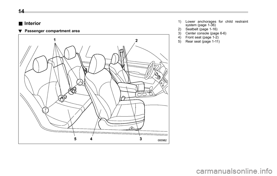 SUBARU LEGACY 2017 6.G Owners Manual &Interior
! Passenger compartment area
1) Lower anchorages for child restraint
system (page 1-36)
2) Seatbelt (page 1-16)
3) Center console (page 6-6)
4) Front seat (page 1-2)
5) Rear seat (page 1-11)