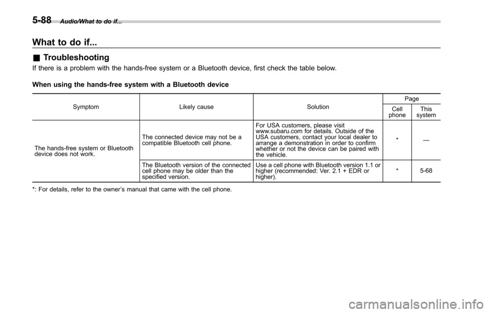 SUBARU LEGACY 2017 6.G Owners Manual Audio/What to do if...
What to do if...
&Troubleshooting
If there is a problem with the hands-free system or a Bluetooth device, first check the table below.
When using the hands-free system with a Bl
