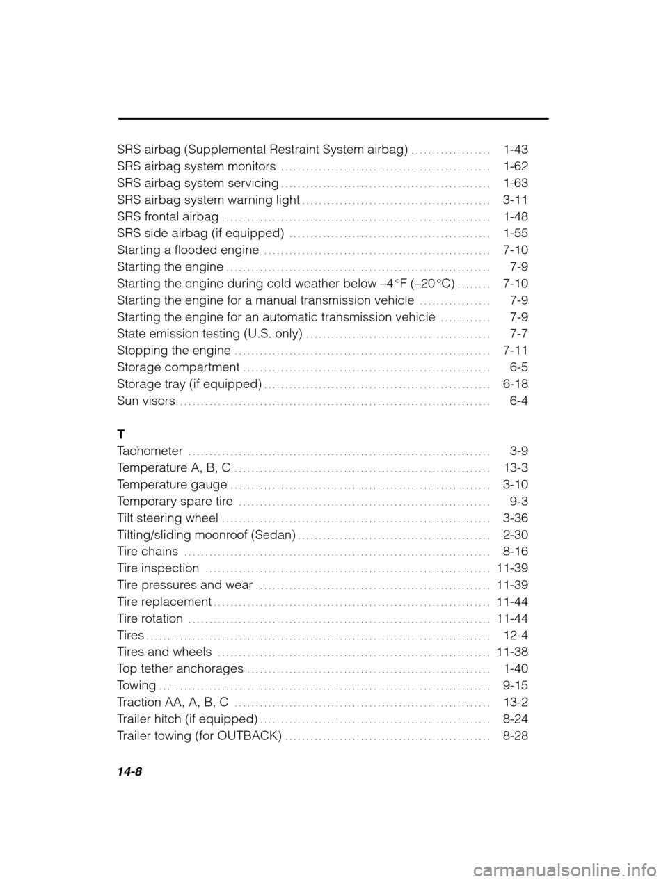 SUBARU OUTBACK 2002 3.G Owners Manual 14-8
SRS airbag (Supplemental Restraint System airbag) 1-43. . . . . . . . . . . . . . . . . . . 
SRS airbag system monitors 1-62
. . . . . . . . . . . . . . . . . . . . . . . . . . . . . . . . . . . 