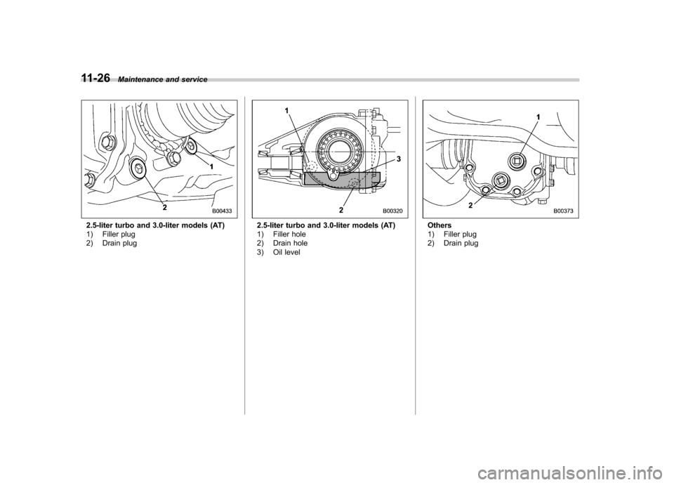 SUBARU OUTBACK 2007 4.G Owners Manual 11-26Maintenance and service
2.5-liter turbo and 3.0-liter models (AT) 
1) Filler plug 
2) Drain plug2.5-liter turbo and 3.0-liter models (AT) 
1) Filler hole 
2) Drain hole 
3) Oil levelOthers 
1) Fi