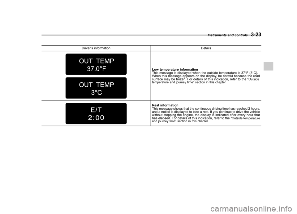 SUBARU OUTBACK 2008 4.G Owners Manual Driver’s information Details
Low temperature information 
This message is displayed when the outside temperature is 378F(3 8C).
When this message appears on the display, be careful because the road 