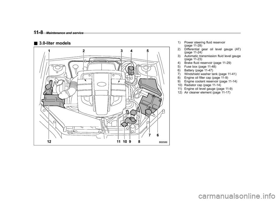 SUBARU OUTBACK 2008 4.G Owners Manual 11-8Maintenance and service
& 3.0-liter models
1) Power steering fluid reservoir
(page 11-28)
2) Differential gear oil level gauge (AT) (page 11-24)
3) Automatic transmission fluid level gauge (page 1