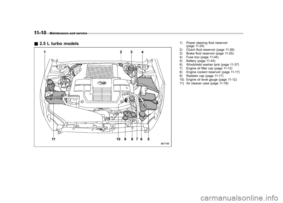 SUBARU OUTBACK 2012 5.G Owners Manual 11-10Maintenance and service
& 2.5 L turbo models
1) Power steering fluid reservoir
(page 11-24)
2) Clutch fluid reservoir (page 11-26) 
3) Brake fluid reservoir (page 11-25) 
4) Fuse box (page 11-44)