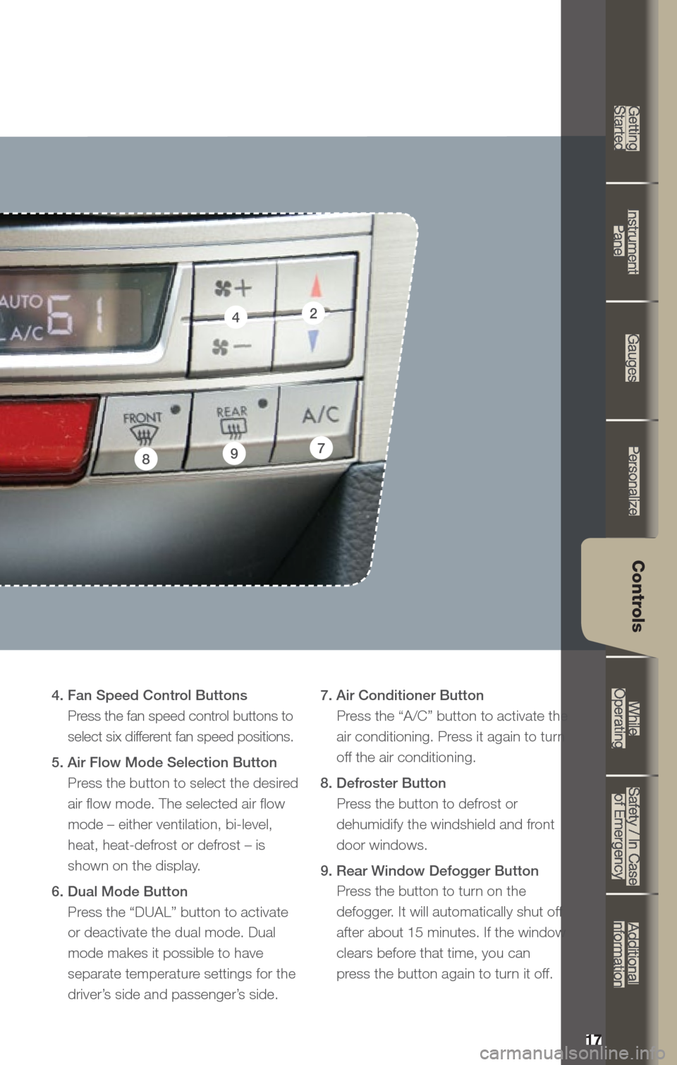 SUBARU OUTBACK 2013 5.G Quick Reference Guide 17
Getting
Started Instrument
Panel Gauges
Personalize Controls
While
Operating Safety / In Case
of Emergency Additional
Information
17
Getting Started
Instrument Panel
Gauges
Personalize
Cont SUBARU OUTBACK 2013 5.G Quick Reference Guide 17
Getting
Started Instrument
Panel Gauges
Personalize Controls
While
Operating Safety / In Case
of Emergency Additional
Information
17
Getting Started
Instrument Panel
Gauges
Personalize
Cont