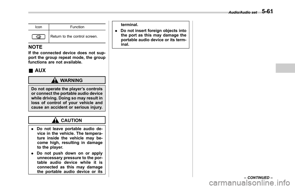 SUBARU OUTBACK 2016 6.G Owners Manual Icon Function
Return to the control screen.
NOTE
If the connected device does not sup-
port the group repeat mode, the group
functions are not available.
&AUX
WARNING
Do not operate the player’s con