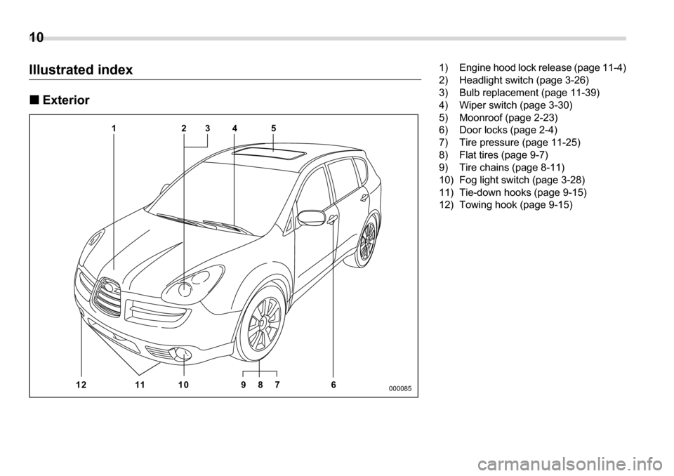 SUBARU TRIBECA 2006 1.G Owners Manual 10 
Illustrated index �„Exterior
45
23
1
12 11 10 9 8 7 6
000085
1) Engine hood lock release (page 11-4) 
2) Headlight switch (page 3-26)
3) Bulb replacement (page 11-39) 
4) Wiper switch (page 3-30