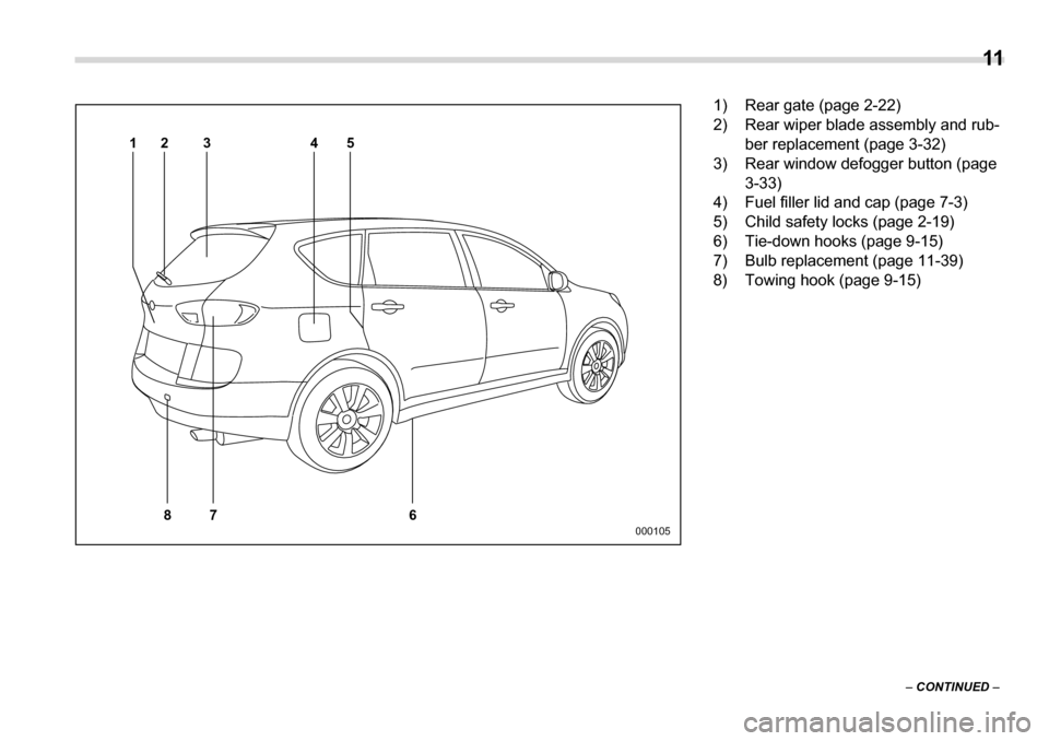 SUBARU TRIBECA 2006 1.G Owners Manual  11
–  CONTINUED  –
4
7
86 5
23
1
000105
1) Rear gate (page 2-22) 
2) Rear wiper blade assembly and rub-
ber replacement (page 3-32)
3) Rear window defogger button (page  3-33)
4) Fuel filler lid 
