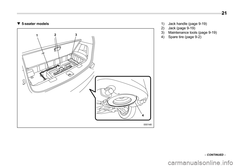 SUBARU TRIBECA 2006 1.G Owners Manual  21
–  CONTINUED  –
�T
5-seater models
1 3
4
2
000148
1) Jack handle (page 9-19) 
2) Jack (page 9-19)
3) Maintenance tools (page 9-19) 
4) Spare tire (page 9-2) 