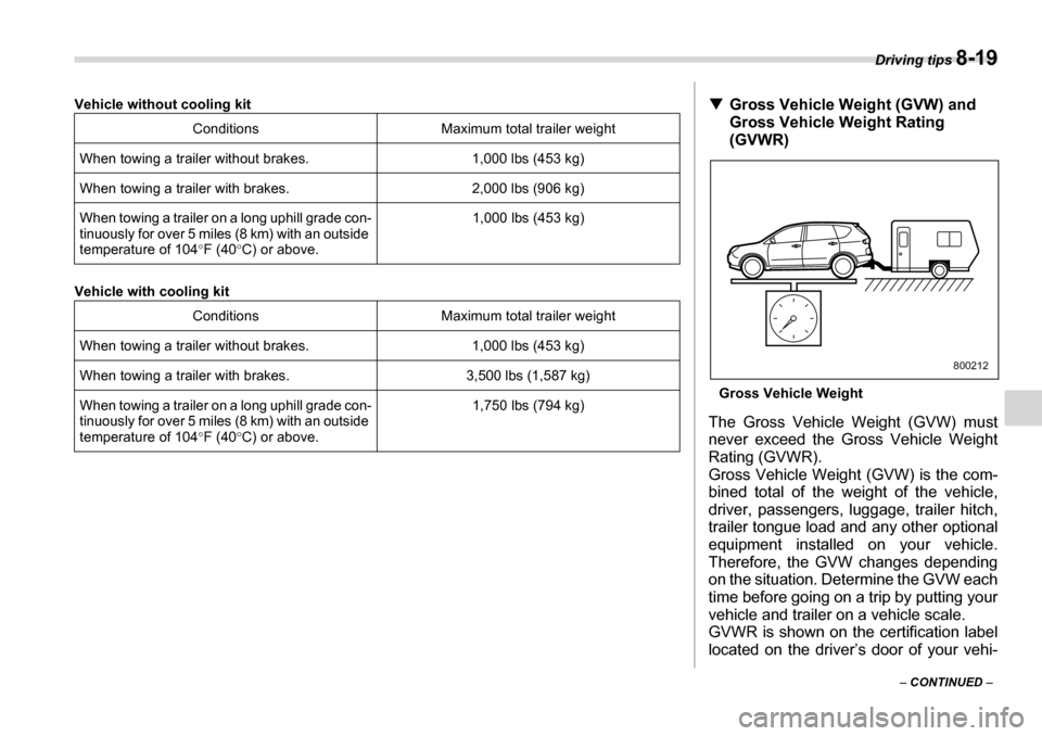 SUBARU TRIBECA 2006 1.G Owners Manual Driving tips 8-19
– CONTINUED  –
Vehicle without cooling kit 
Vehicle with cooling kit Conditions Maximum total trailer weight
When towing a trailer without brakes. 1,000 lbs (453 kg) 
When towing