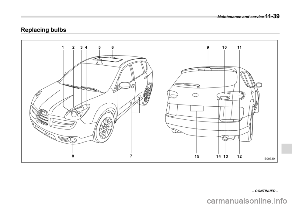 SUBARU TRIBECA 2006 1.G Owners Manual Maintenance and service 11 - 3 9
–  CONTINUED  –
Replacing bulbs
69 10 11
12
13
14
5
4
23
1
715
8
B00339 