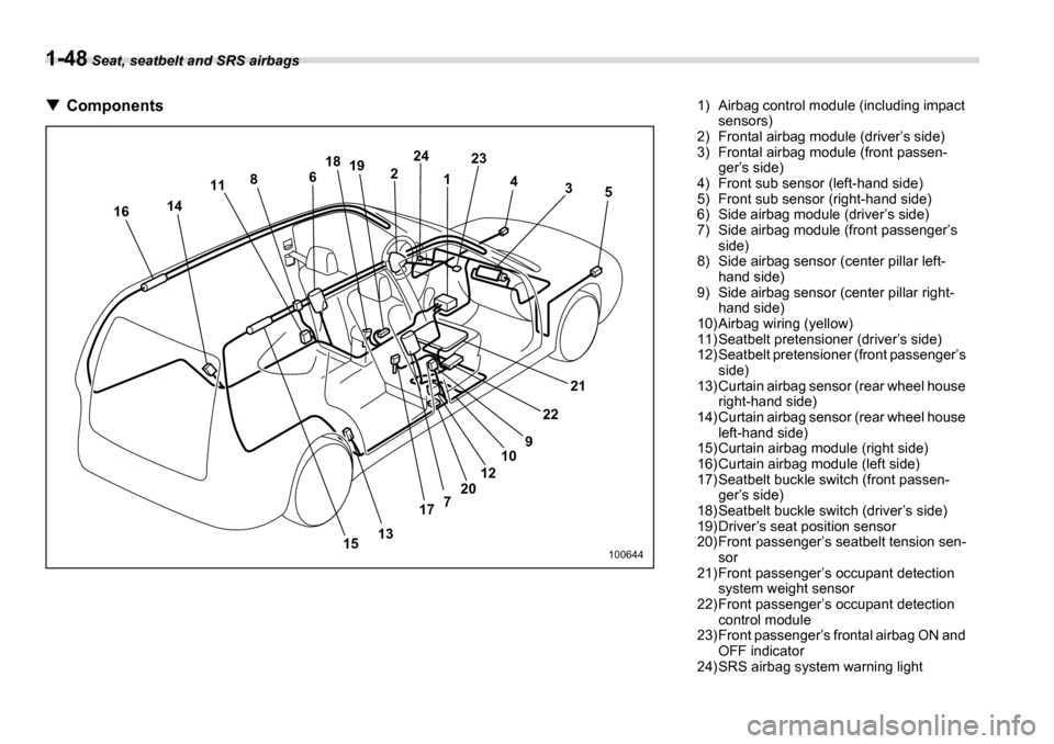 SUBARU TRIBECA 2007 1.G Owners Manual 1-48 Seat, seatbelt and SRS airbags
�T Components
1
2
3
4
5
21
22
9
7 10
12
20
17
13
6
18
19 24
23
8
11
14
15
16
100644
1) Airbag control module (including impact 
sensors)
2) Frontal airbag module (d