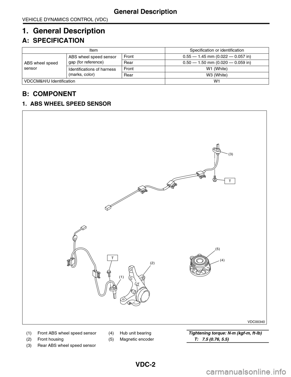 SUBARU TRIBECA 2009 1.G Service Workshop Manual VDC-2
General Description
VEHICLE DYNAMICS CONTROL (VDC)
1. General Description
A: SPECIFICATION
B: COMPONENT
1. ABS WHEEL SPEED SENSOR
Item Specification or identification
ABS wheel speed 
sensor
ABS