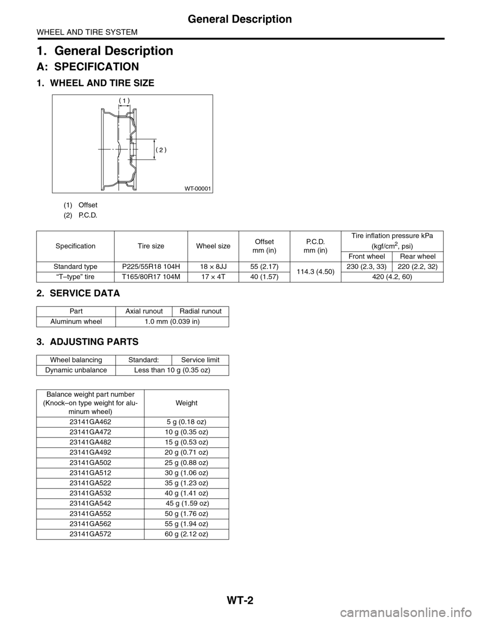 SUBARU TRIBECA 2009 1.G Service Workshop Manual WT-2
General Description
WHEEL AND TIRE SYSTEM
1. General Description
A: SPECIFICATION
1. WHEEL AND TIRE SIZE
2. SERVICE DATA
3. ADJUSTING PARTS
(1) Offset
(2) P.C.D. 
WT-00001
Specification Tire size