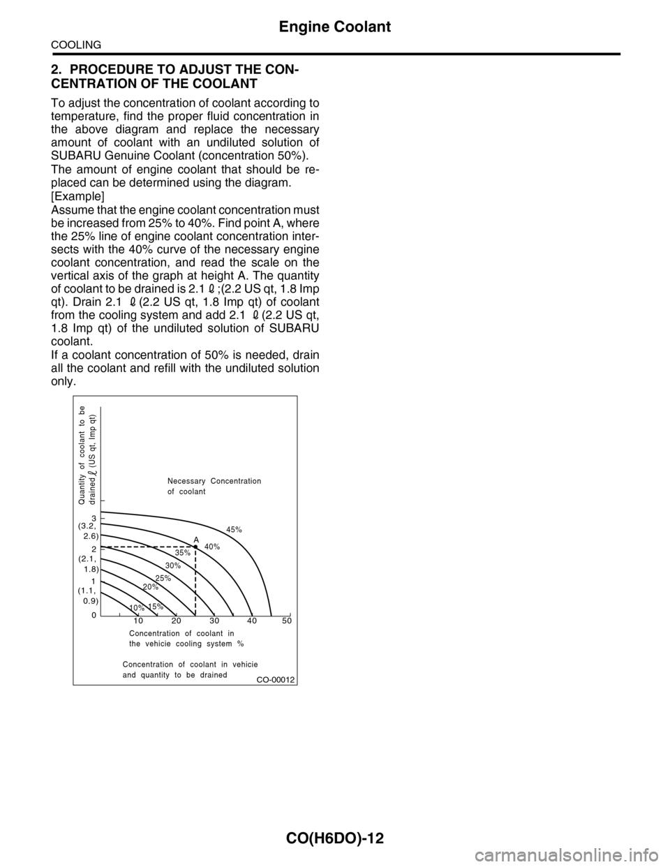 SUBARU TRIBECA 2009 1.G Service Workshop Manual CO(H6DO)-12
Engine Coolant
COOLING
2. PROCEDURE TO ADJUST THE CON-
CENTRATION OF THE COOLANT
To adjust the concentration of coolant according to
temperature, find the proper fluid concentration SUBARU TRIBECA 2009 1.G Service Workshop Manual CO(H6DO)-12
Engine Coolant
COOLING
2. PROCEDURE TO ADJUST THE CON-
CENTRATION OF THE COOLANT
To adjust the concentration of coolant according to
temperature, find the proper fluid concentration